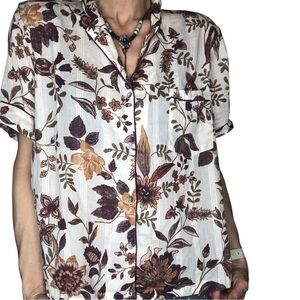 Rachel Zoe Organic Cotton Sz L Button Down Blouse Top Earthtone Floral 70's Boho